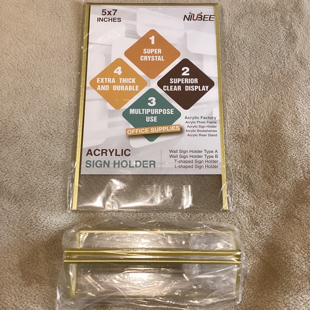 Niubee 5 x 7 Acrylic Sign Holders, 12-pack‎ with bases; NEW IN PACKAGING AND BOX